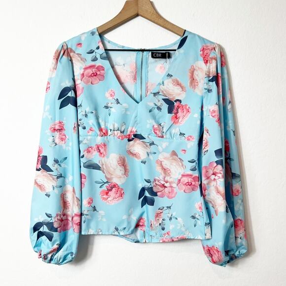 CBR BLUE FLORAL V-NECK WOMEN LONG SLEEVE SIZE SMALL BRAND NEW - Picture 1 of 6